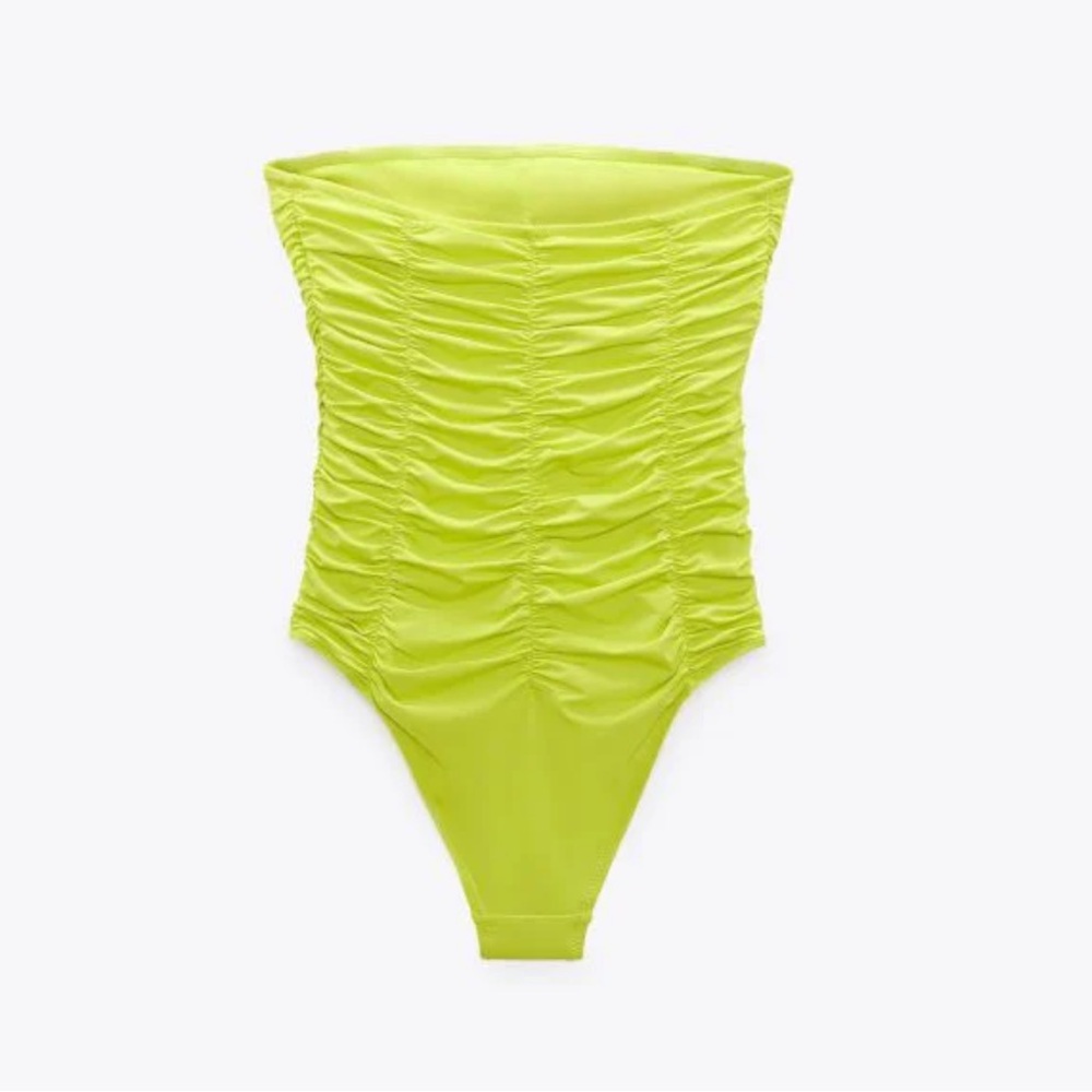 *NEW* ZARA STRAPLESS NEON YELLOW RUCHED ONE PIECE SWIM SUIT SMALL - Picture 2 of 8